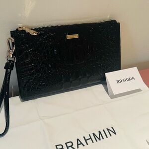 Brahmin Black Croc-Embossed Patent Leather Wristlet with Gold Hardware